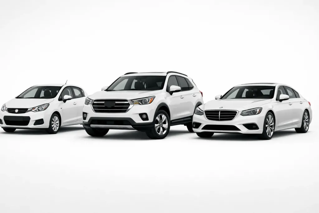 Three cars comparison: economy hatchback, SUV, and luxury sedan on white background showing car rental options.