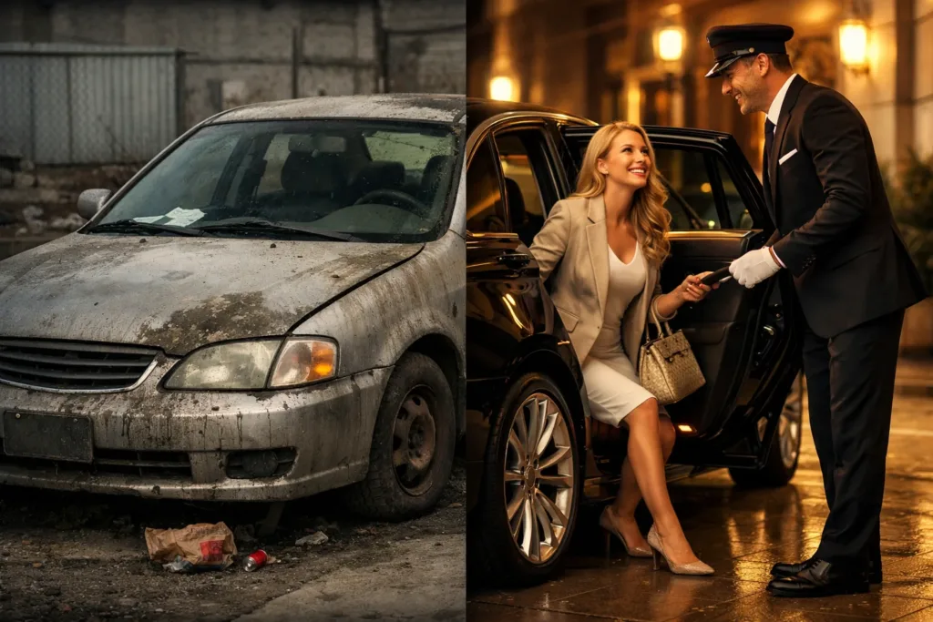 Car rental comparison showing old dirty car vs clean luxury car with chauffeur and happy customer, highlighting mistakes to avoid when renting a car in Pakistan and premium vs low quality service.
