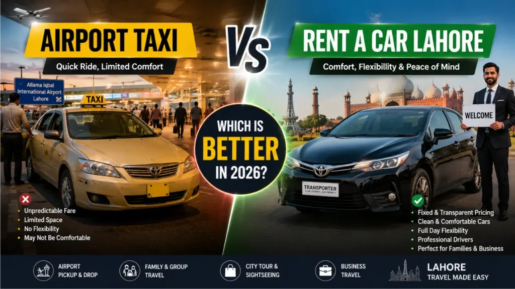 Airport Taxi vs Rent a Car Lahore comparison showing taxi service and private rental car with driver for airport travel in Lahore 2026