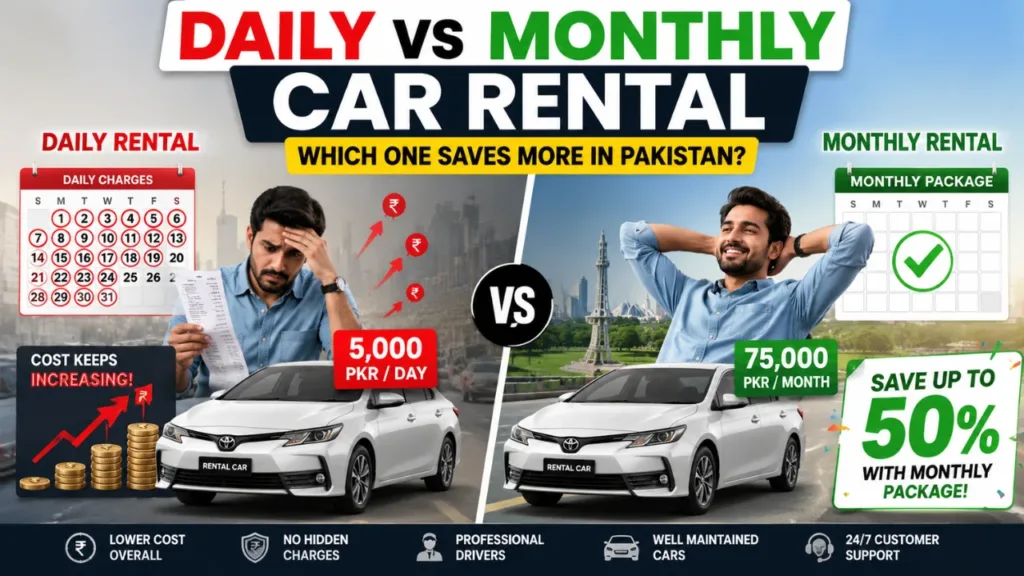 Daily vs monthly car rental comparison in Pakistan showing cost difference, with daily rental costs increasing and monthly rental saving up to 50 percent in a split screen infographic.