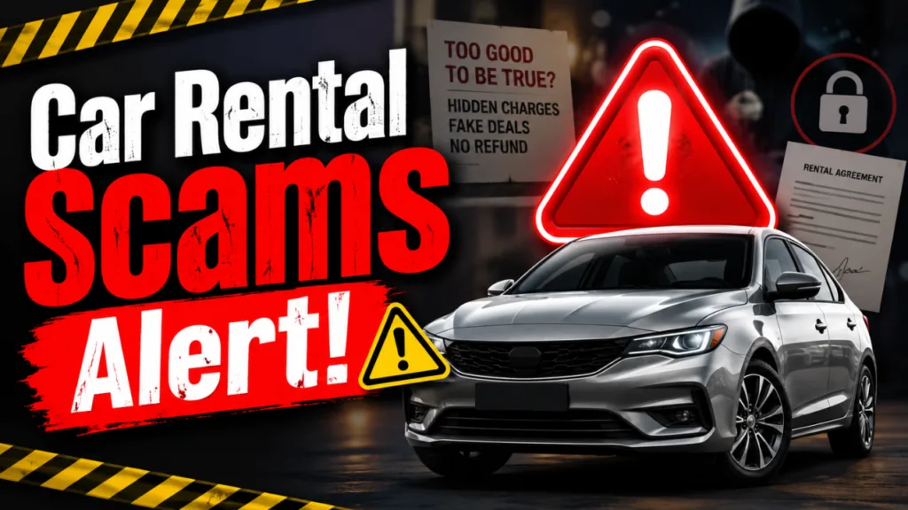 Car Rental Scams Alert warning style feature image for blog How to Avoid Scams When Renting a Car in Pakistan showing a dramatic car rental fraud warning design with caution sign and security alert theme